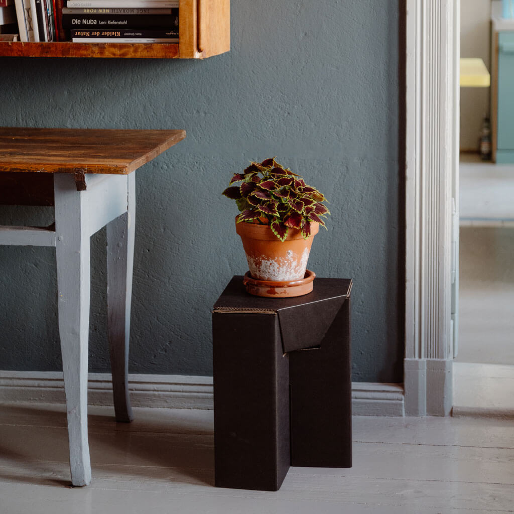 RIAB cardboard stool nightstand in black with plant