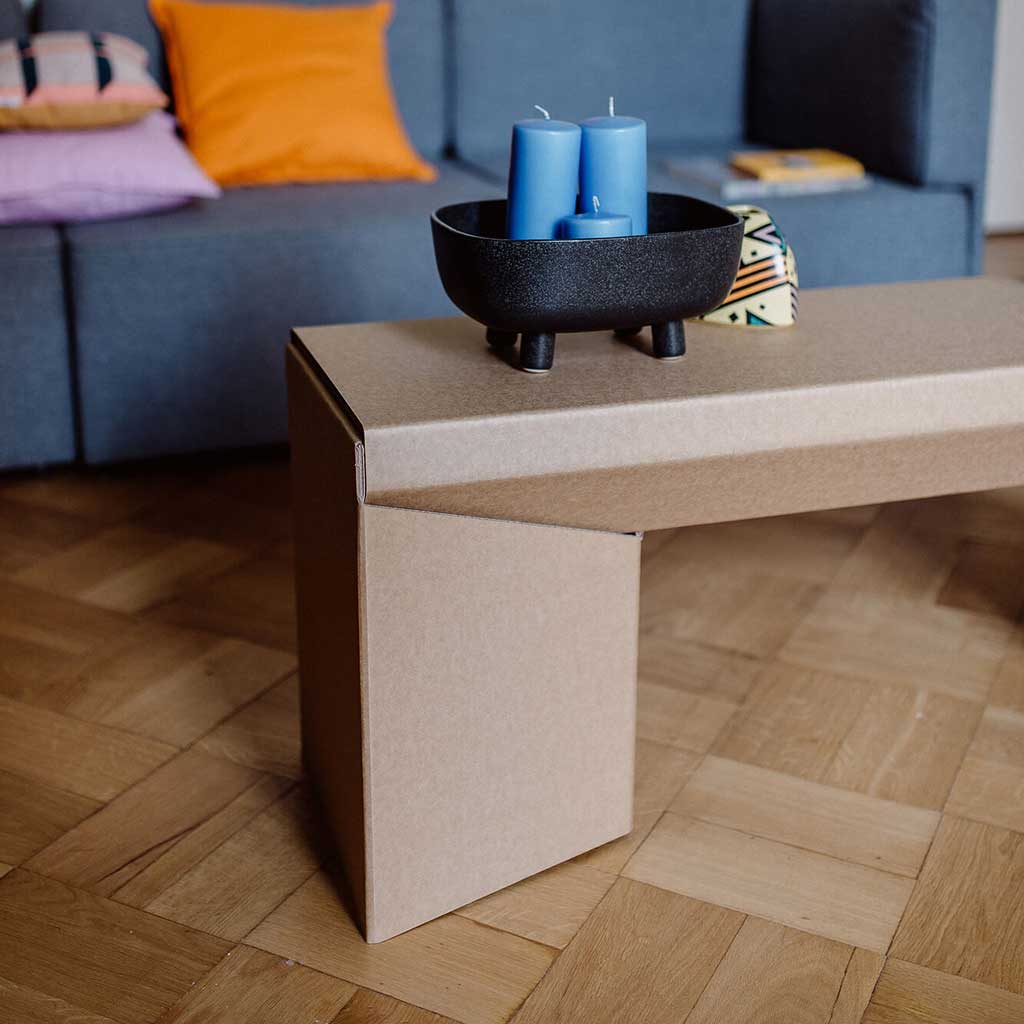 sustainable cardboard bench as coffee table