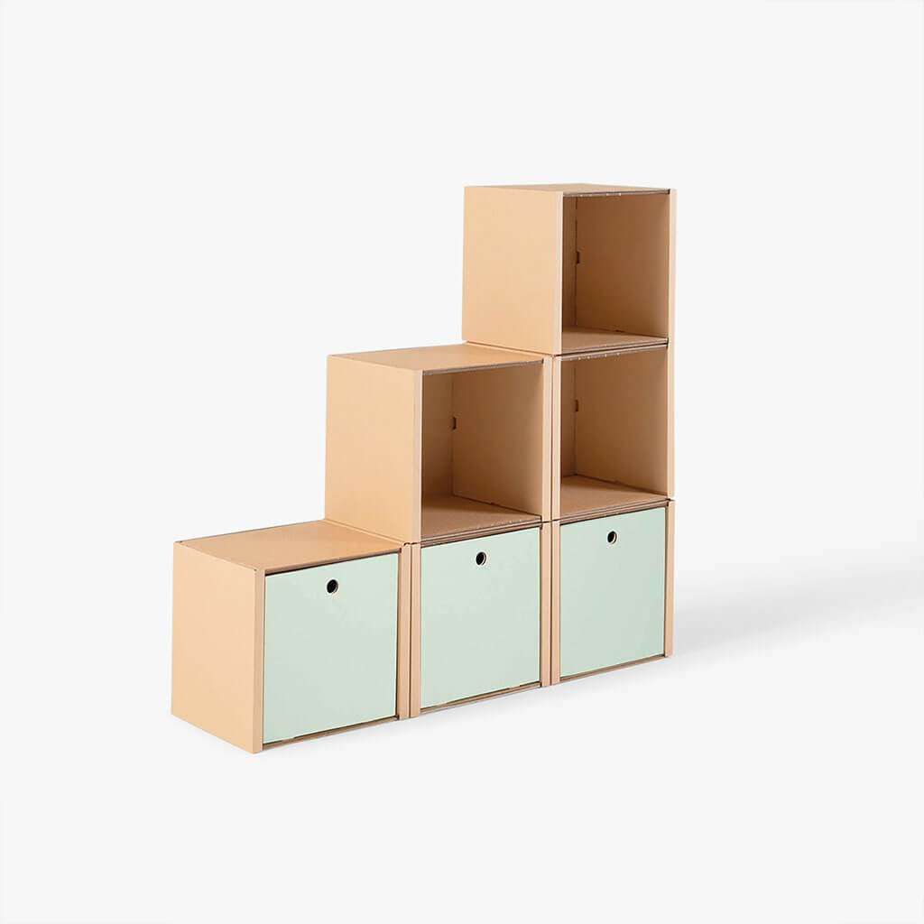 ROOM IN A BOX modular shelving system stair shelf small with 3 drawers sage