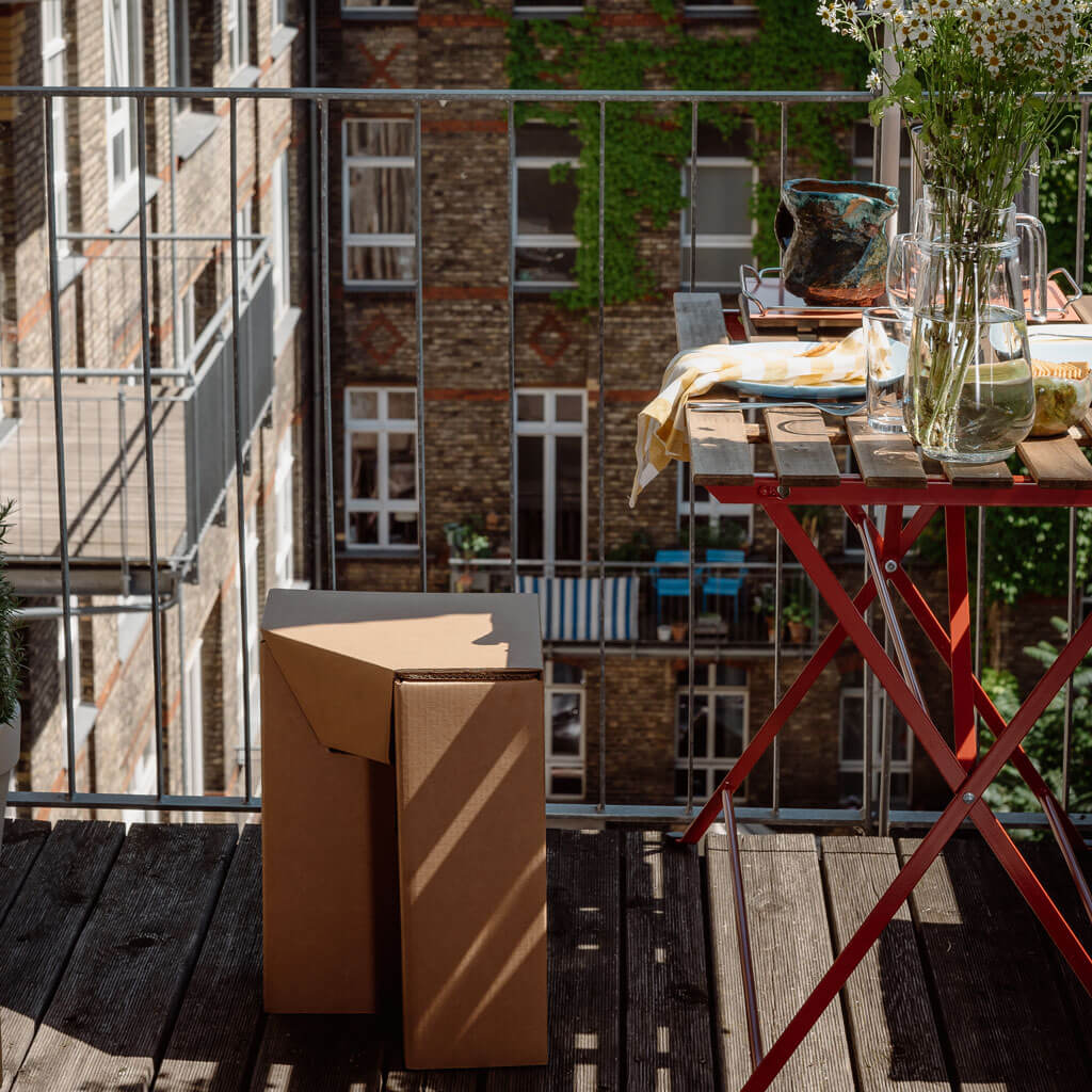 RIAB cardboard stool nightstand on balcony