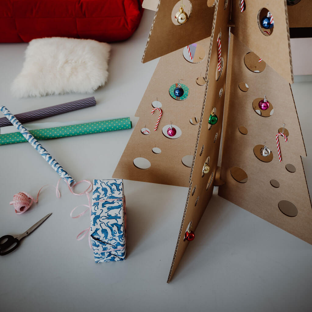 ROOM IN A BOX - Zero Waste Christmas Tree made from sustainable cardboard large decorated with presents